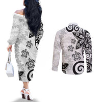 Polynesia Couples Matching Off The Shoulder Long Sleeve Dress and Long Sleeve Button Shirt White Tribal Turtle Floral Pattern