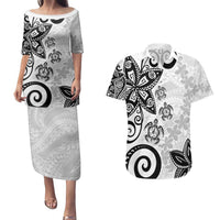 Polynesia Couples Matching Puletasi and Hawaiian Shirt White Tribal Turtle Floral Pattern