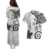 Polynesia Couples Matching Puletasi and Hawaiian Shirt White Tribal Turtle Floral Pattern