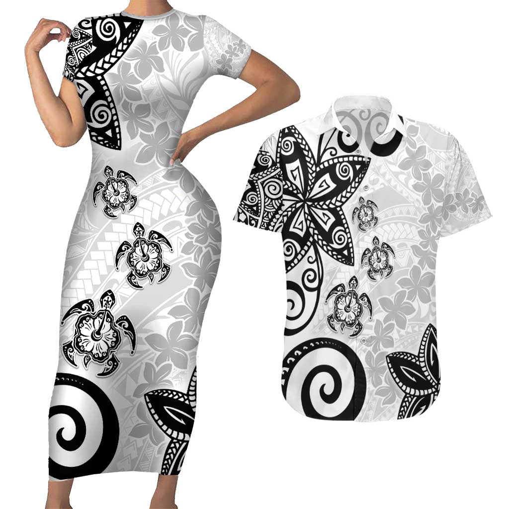 Polynesia Couples Matching Short Sleeve Bodycon Dress and Hawaiian Shirt White Tribal Turtle Floral Pattern