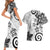 Polynesia Couples Matching Short Sleeve Bodycon Dress and Hawaiian Shirt White Tribal Turtle Floral Pattern