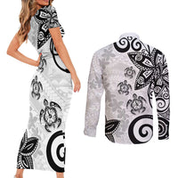 Polynesia Couples Matching Short Sleeve Bodycon Dress and Long Sleeve Button Shirt White Tribal Turtle Floral Pattern