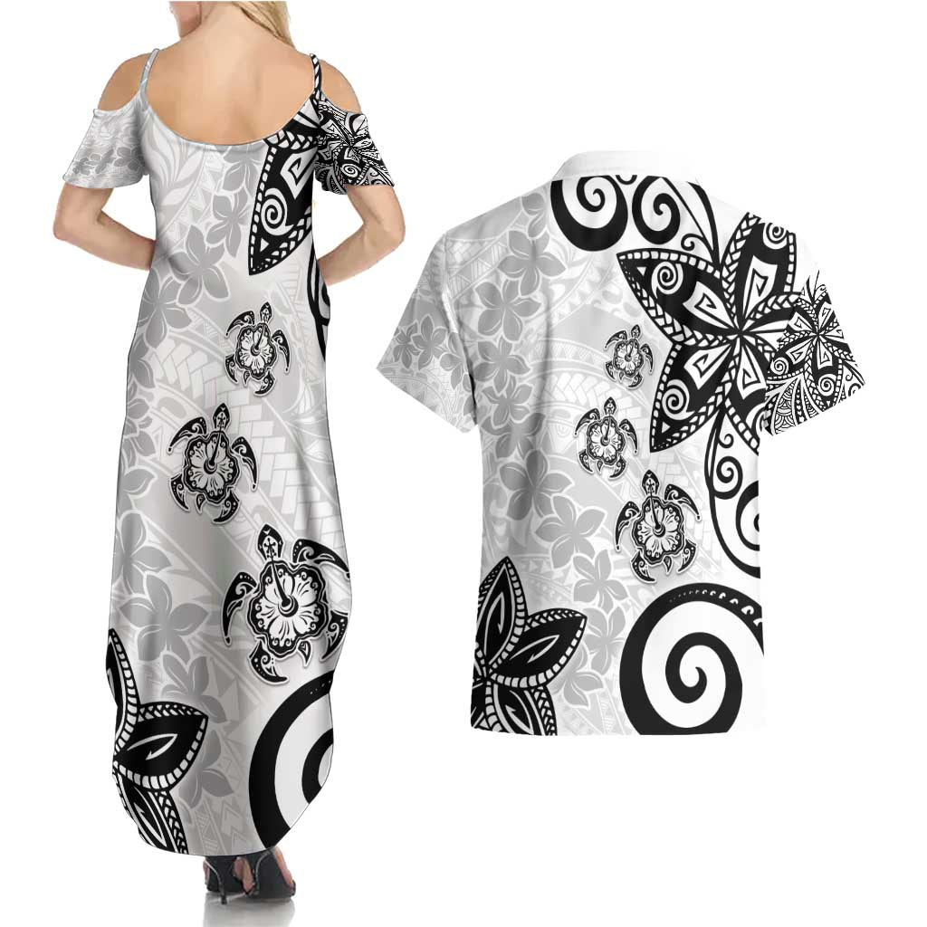 Polynesia Couples Matching Summer Maxi Dress and Hawaiian Shirt White Tribal Turtle Floral Pattern