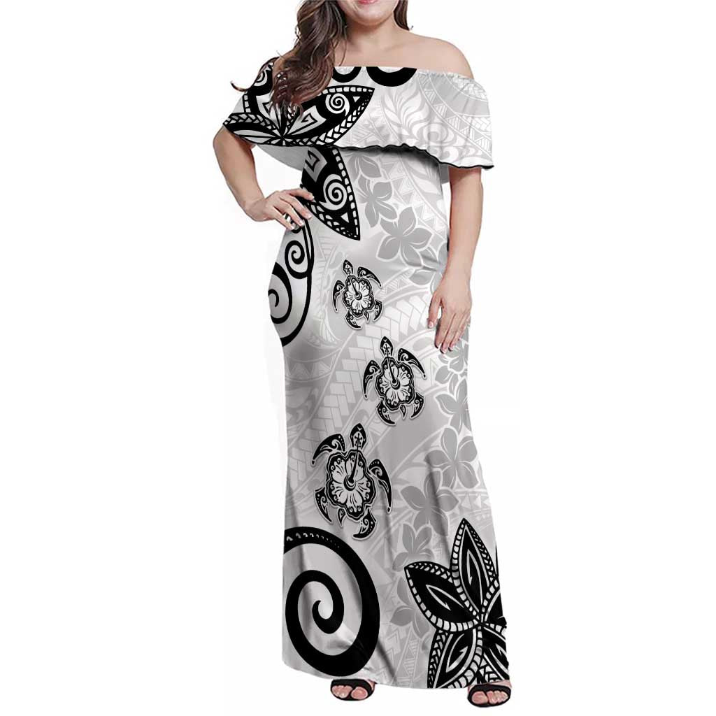 Polynesia Family Matching Off Shoulder Maxi Dress and Hawaiian Shirt White Tribal Turtle Floral Pattern