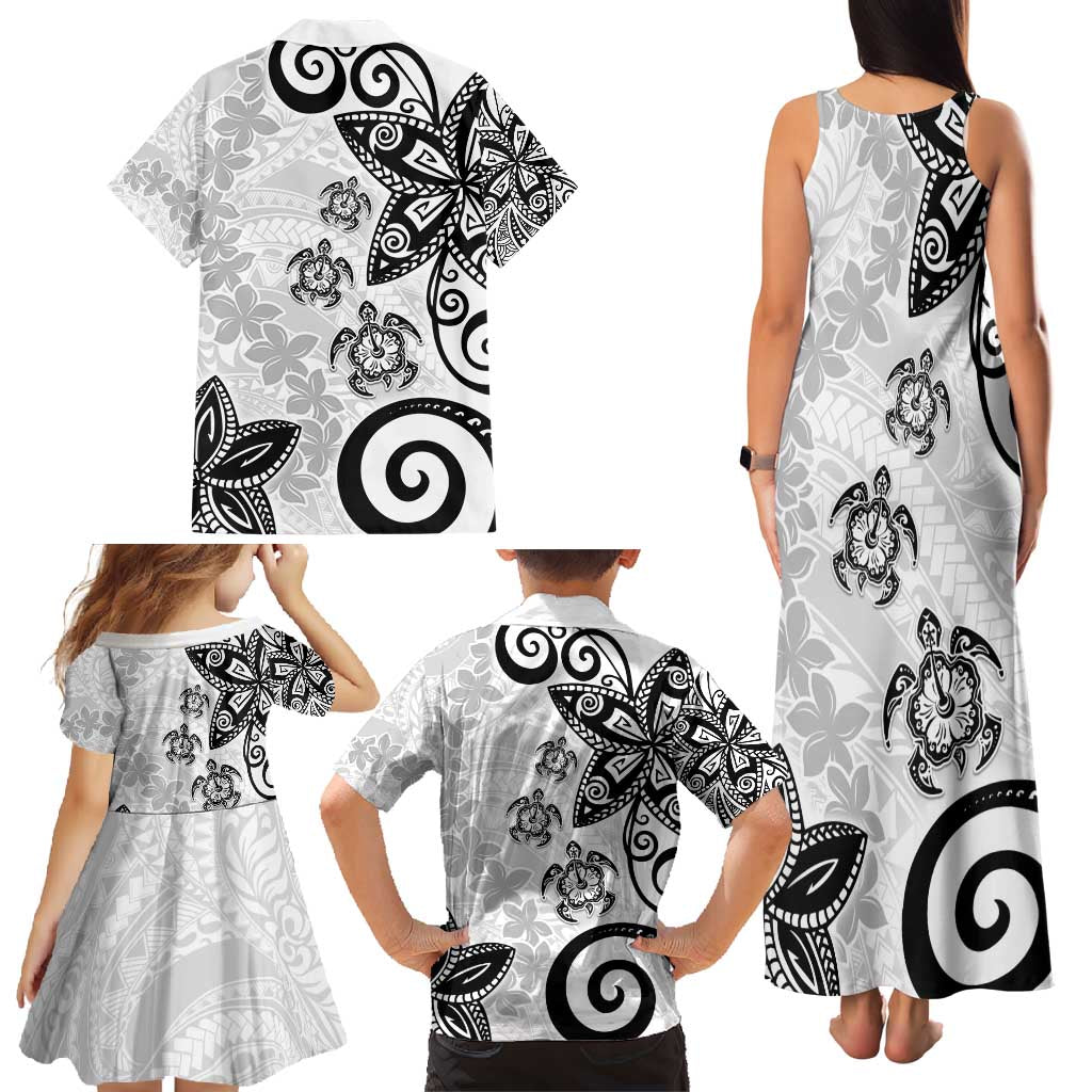 Polynesia Family Matching Tank Maxi Dress and Hawaiian Shirt White Tribal Turtle Floral Pattern