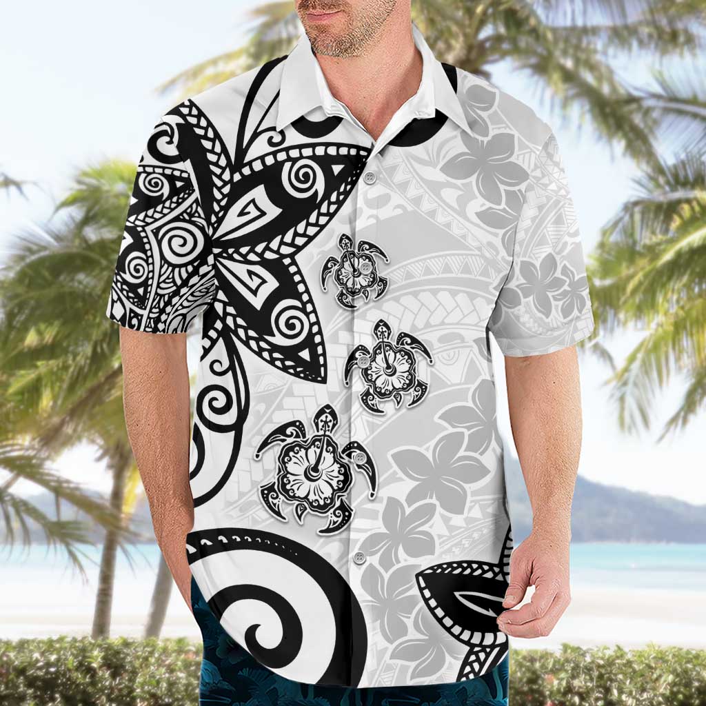 Polynesia Hawaiian Shirt White Tribal Turtle Floral Pattern