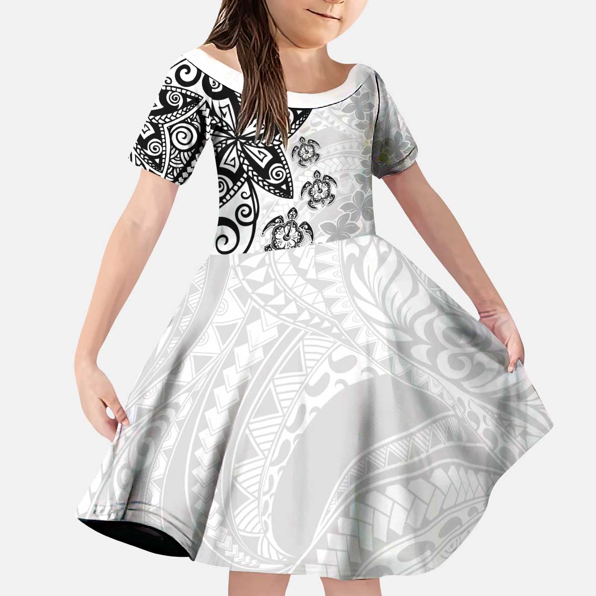 Polynesia Kid Short Sleeve Dress White Tribal Turtle Floral Pattern