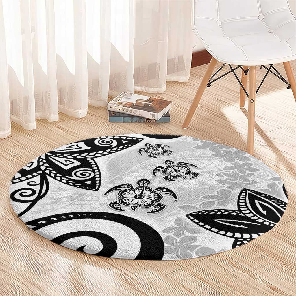 Polynesia Round Carpet White Tribal Turtle Floral Pattern