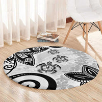 Polynesia Round Carpet White Tribal Turtle Floral Pattern