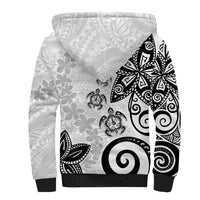 Polynesia Sherpa Hoodie White Tribal Turtle Floral Pattern