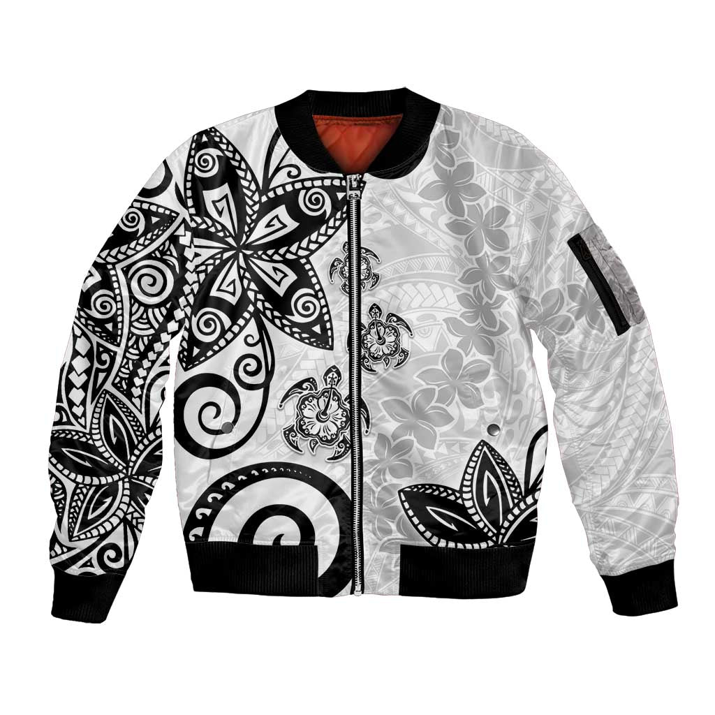Polynesia Sleeve Zip Bomber Jacket White Tribal Turtle Floral Pattern LT05 Unisex White - Polynesian Pride