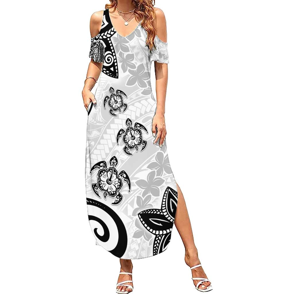 Polynesia Summer Maxi Dress White Tribal Turtle Floral Pattern