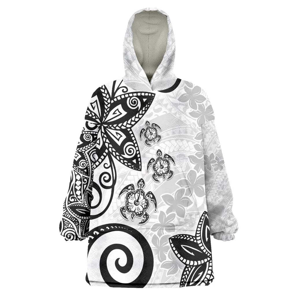 Polynesia Wearable Blanket Hoodie White Tribal Turtle Floral Pattern