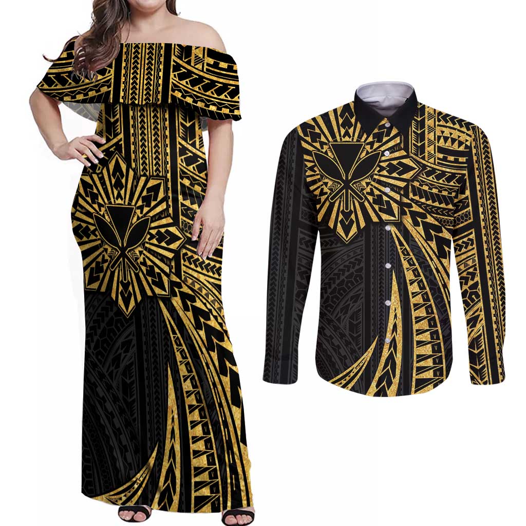 Hawaii And Philippines Couples Matching Off Shoulder Maxi Dress and Long Sleeve Button Shirt Kanaka Maoli With Tribal Sun Together Gold