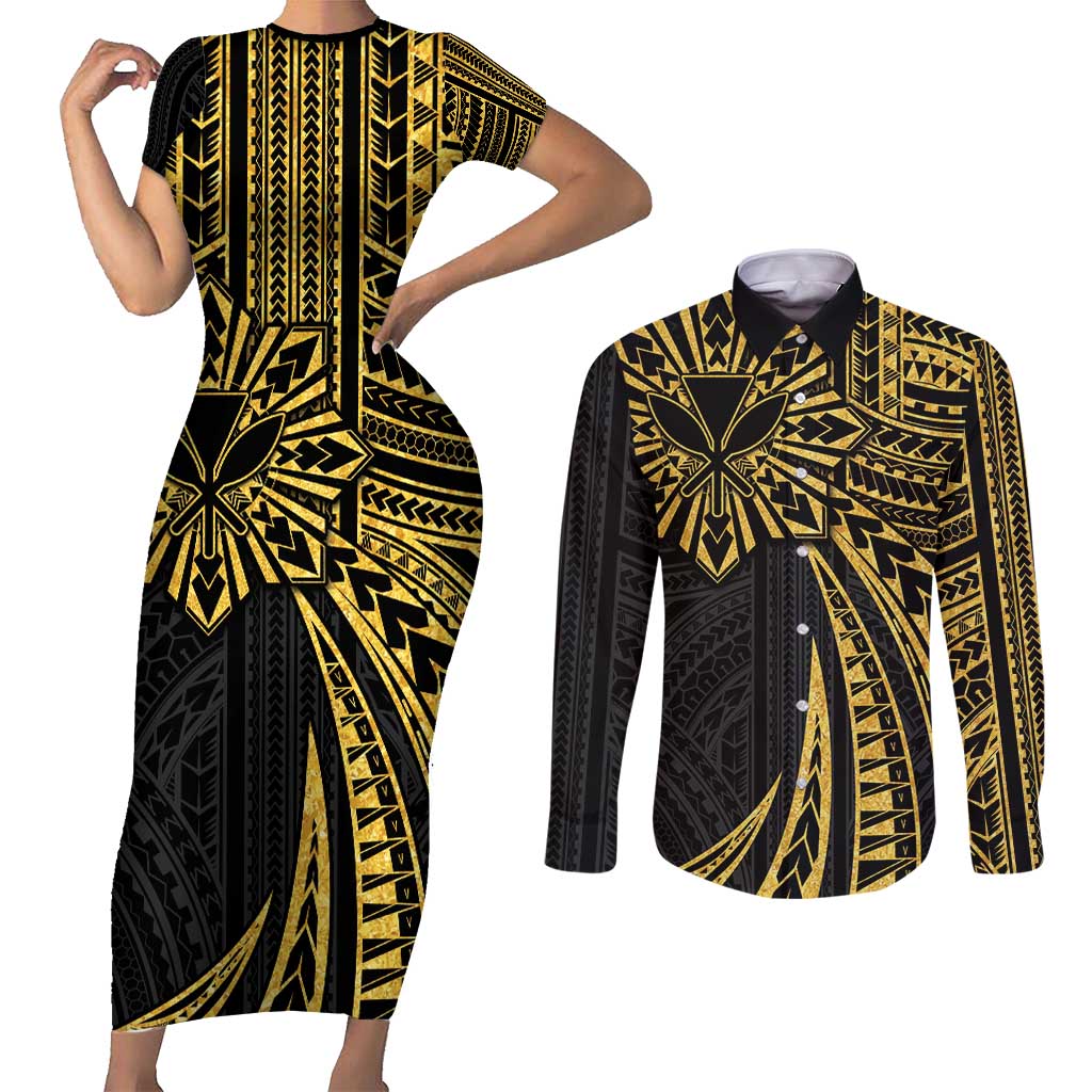 Hawaii And Philippines Couples Matching Short Sleeve Bodycon Dress and Long Sleeve Button Shirt Kanaka Maoli With Tribal Sun Together Gold