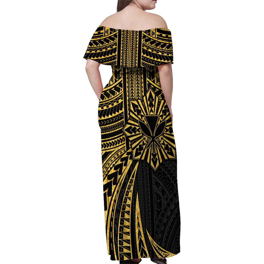 Hawaii And Philippines Family Matching Off Shoulder Maxi Dress and Hawaiian Shirt Kanaka Maoli With Tribal Sun Together Gold