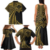 Hawaii And Philippines Family Matching Tank Maxi Dress and Hawaiian Shirt Kanaka Maoli With Tribal Sun Together Gold