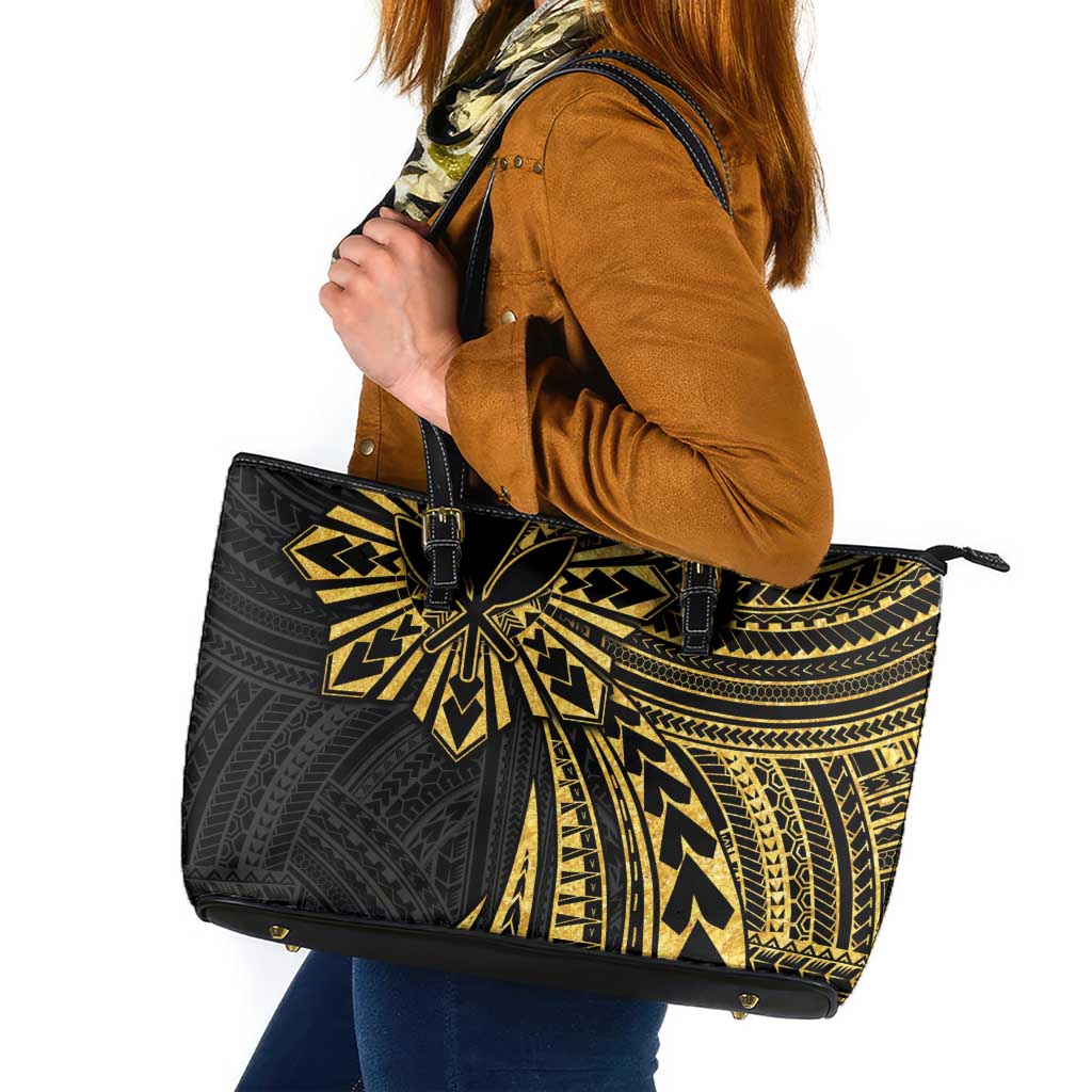 Hawaii And Philippines Leather Tote Bag Kanaka Maoli With Tribal Sun Together Gold