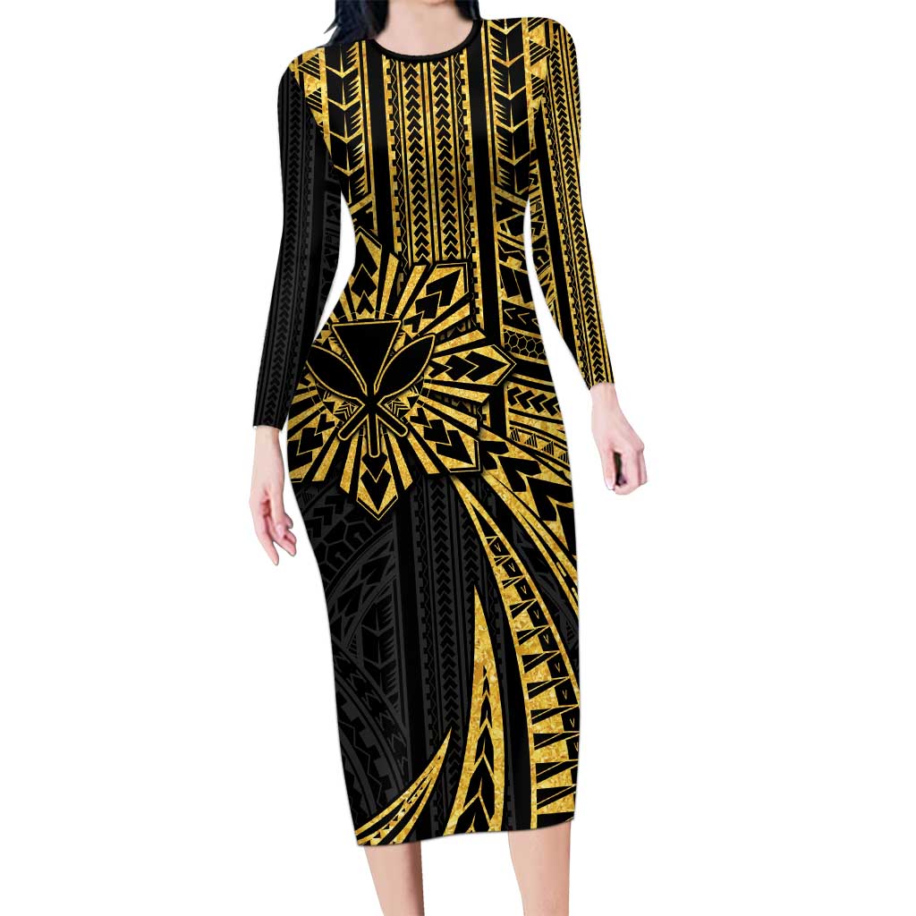 Hawaii And Philippines Long Sleeve Bodycon Dress Kanaka Maoli With Tribal Sun Together Gold