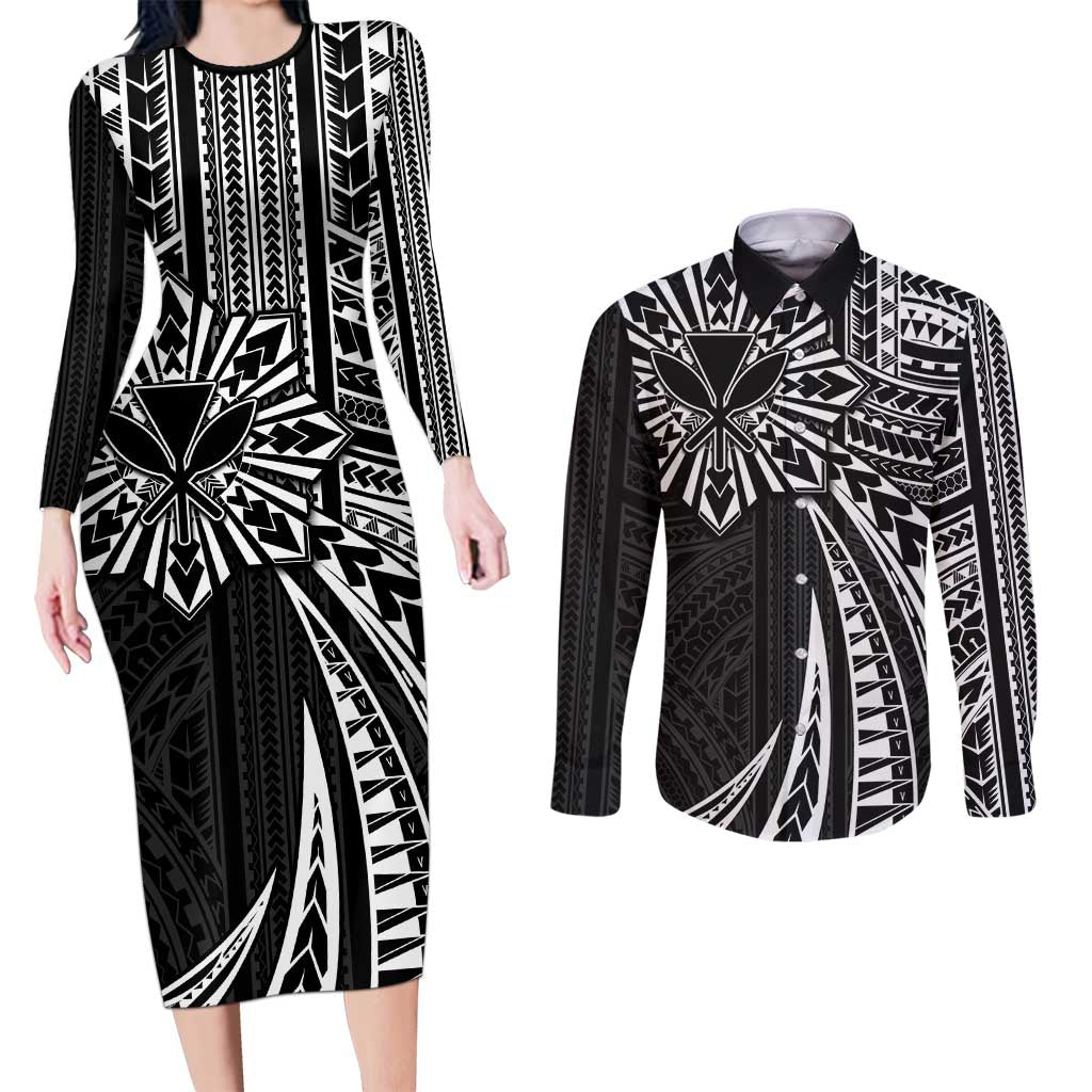 Hawaii And Philippines Couples Matching Long Sleeve Bodycon Dress and Long Sleeve Button Shirt Kanaka Maoli With Tribal Sun Together Black