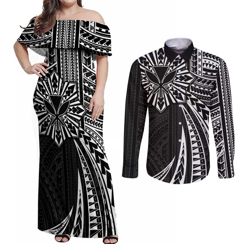 Hawaii And Philippines Couples Matching Off Shoulder Maxi Dress and Long Sleeve Button Shirt Kanaka Maoli With Tribal Sun Together Black