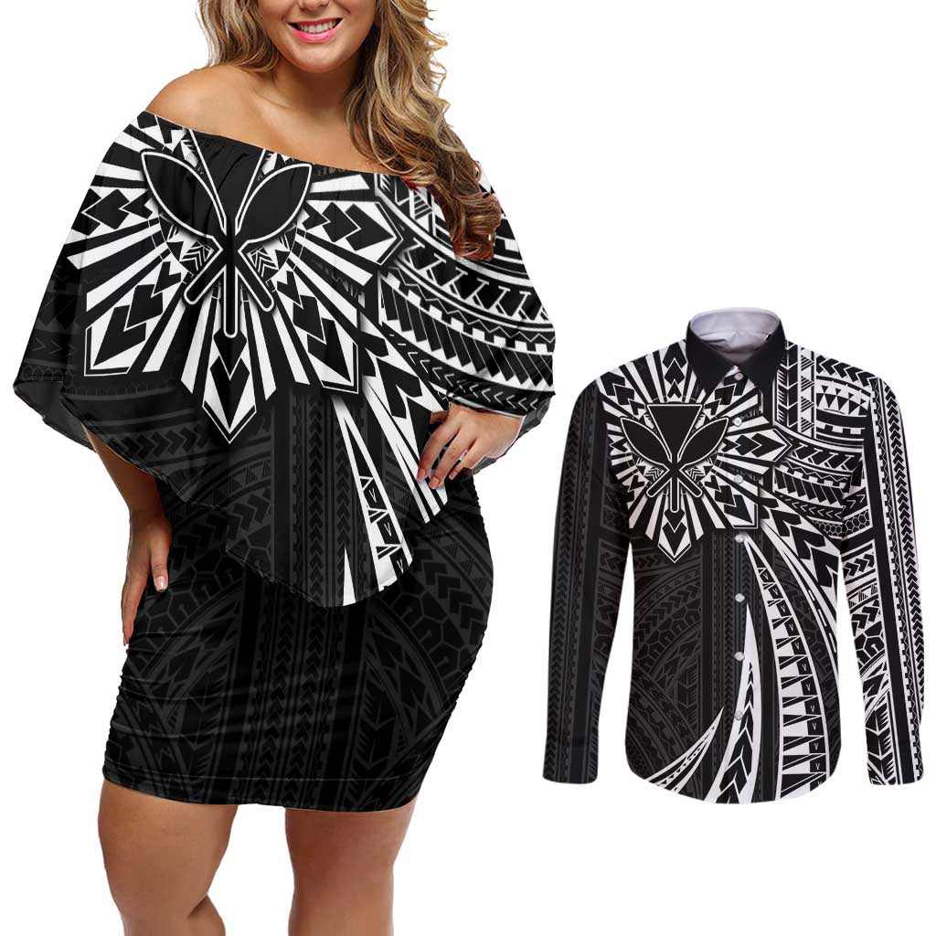 Hawaii And Philippines Couples Matching Off Shoulder Short Dress and Long Sleeve Button Shirt Kanaka Maoli With Tribal Sun Together Black