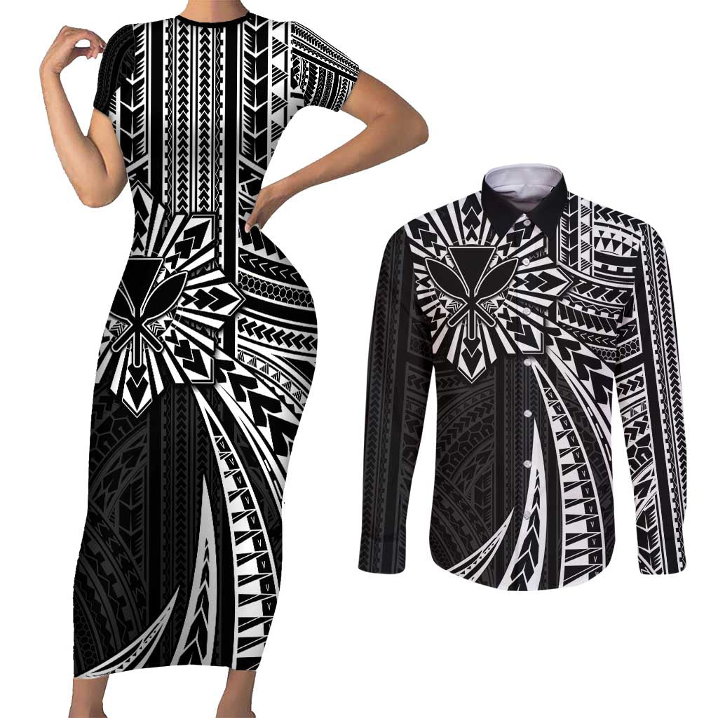 Hawaii And Philippines Couples Matching Short Sleeve Bodycon Dress and Long Sleeve Button Shirt Kanaka Maoli With Tribal Sun Together Black