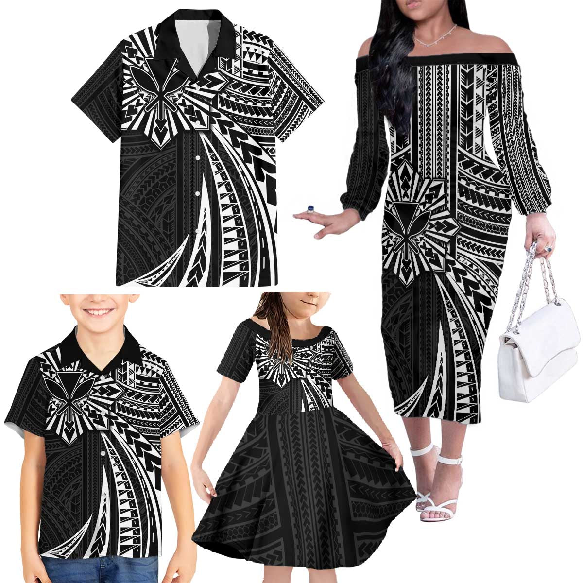 Hawaii And Philippines Family Matching Off The Shoulder Long Sleeve Dress and Hawaiian Shirt Kanaka Maoli With Tribal Sun Together Black