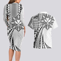 Hawaii And Philippines Couples Matching Long Sleeve Bodycon Dress and Hawaiian Shirt Kanaka Maoli With Tribal Sun Together White