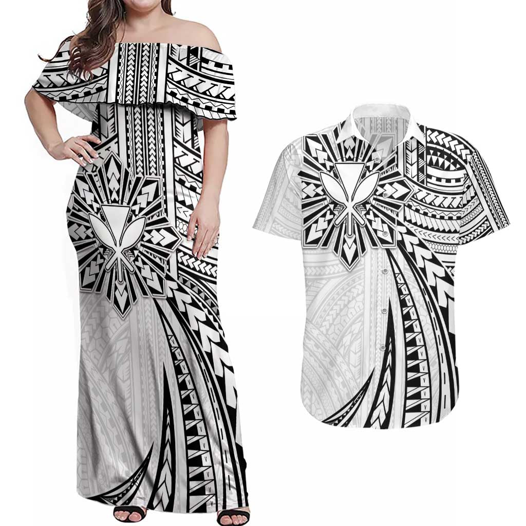 Hawaii And Philippines Couples Matching Off Shoulder Maxi Dress and Hawaiian Shirt Kanaka Maoli With Tribal Sun Together White