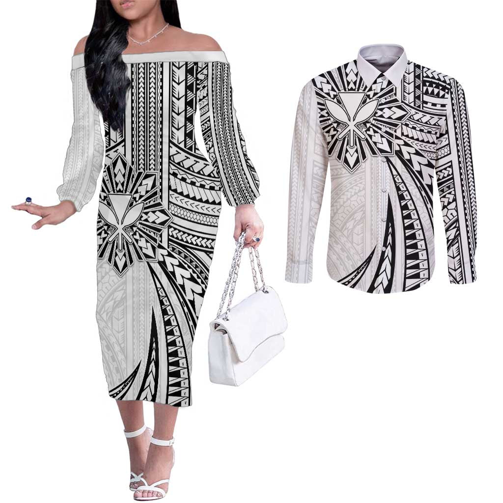 Hawaii And Philippines Couples Matching Off The Shoulder Long Sleeve Dress and Long Sleeve Button Shirt Kanaka Maoli With Tribal Sun Together White