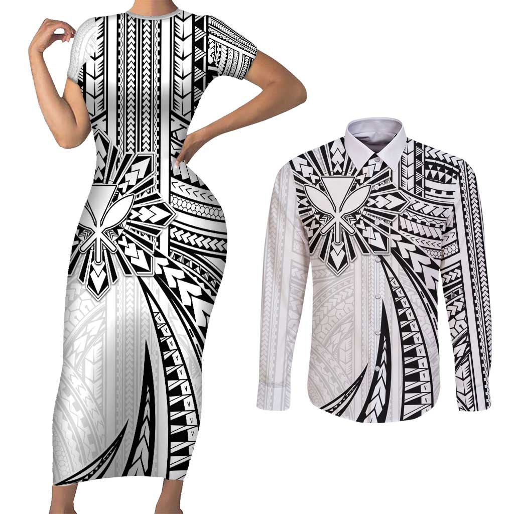 Hawaii And Philippines Couples Matching Short Sleeve Bodycon Dress and Long Sleeve Button Shirt Kanaka Maoli With Tribal Sun Together White