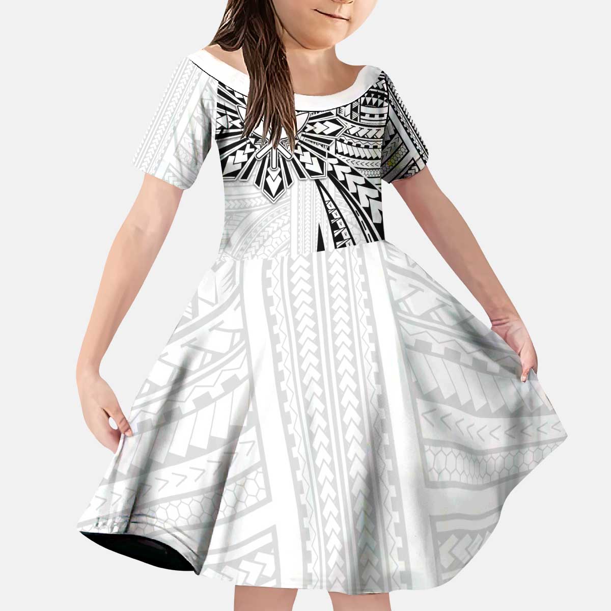 Hawaii And Philippines Kid Short Sleeve Dress Kanaka Maoli With Tribal Sun Together White