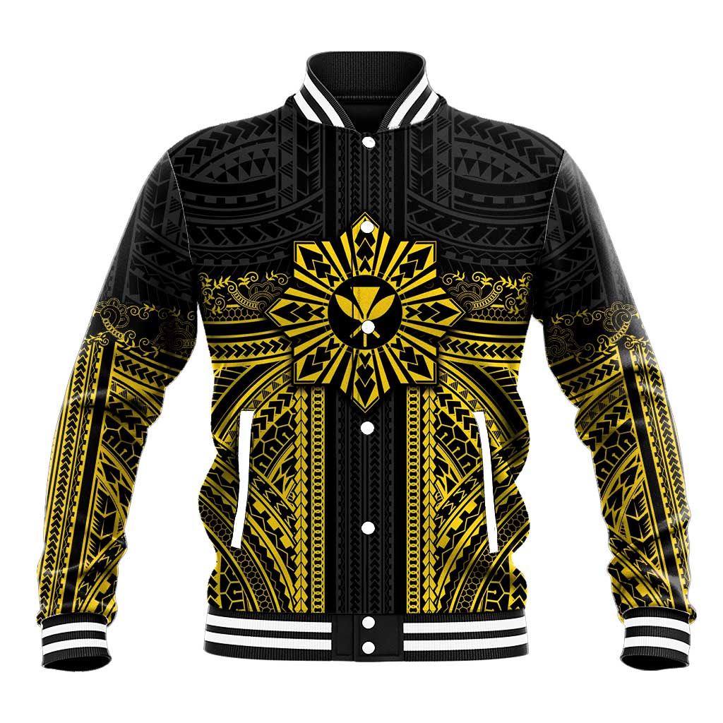 Hawaii And Philippines Together Baseball Jacket Polynesian Pattern With Filipino Barong Gold