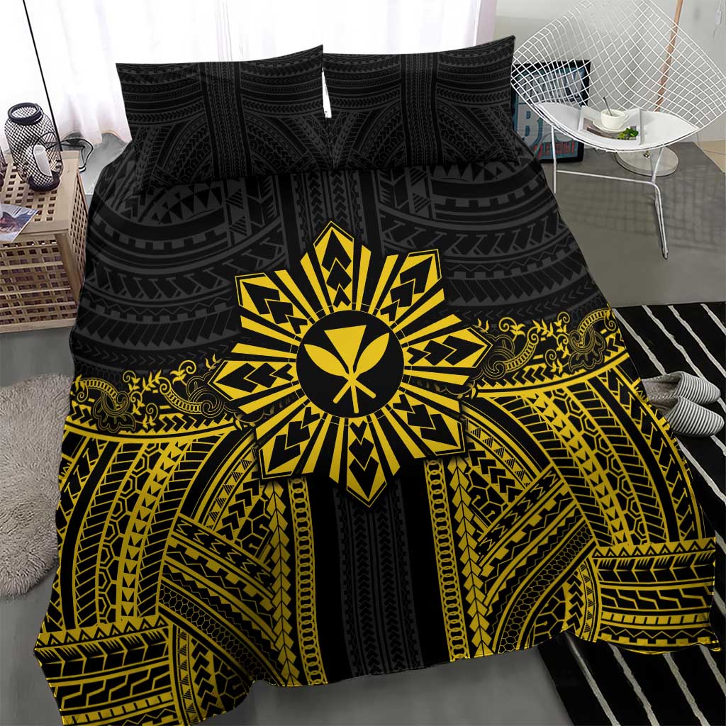 Hawaii And Philippines Together Bedding Set Polynesian Pattern With Filipino Barong Gold