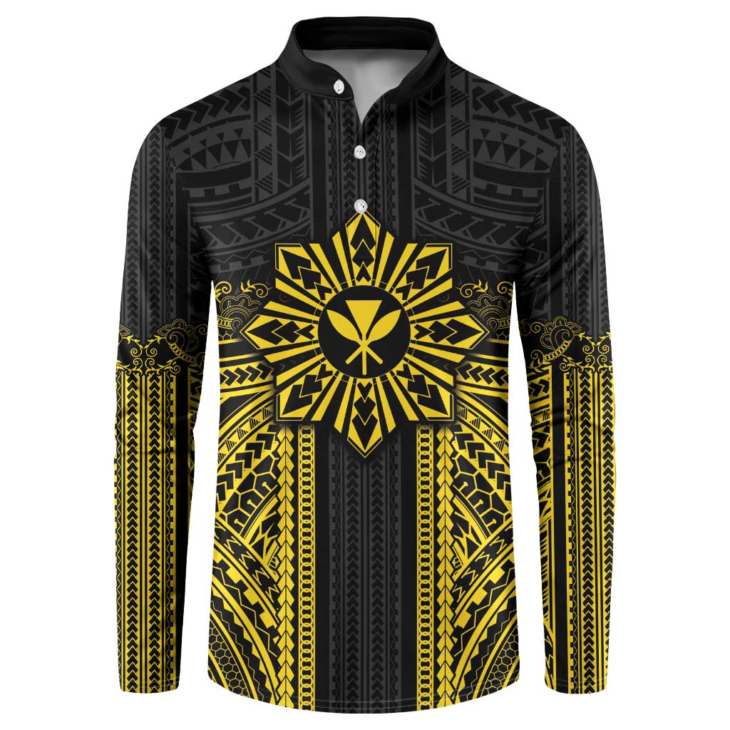 Hawaii And Philippines Together Button Sweatshirt Polynesian Pattern With Filipino Barong Gold