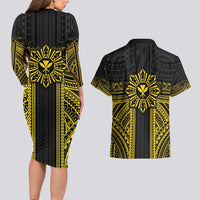 Hawaii And Philippines Together Couples Matching Long Sleeve Bodycon Dress and Hawaiian Shirt Polynesian Pattern With Filipino Barong Gold