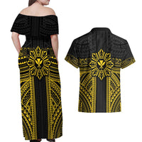 Hawaii And Philippines Together Couples Matching Off Shoulder Maxi Dress and Hawaiian Shirt Polynesian Pattern With Filipino Barong Gold