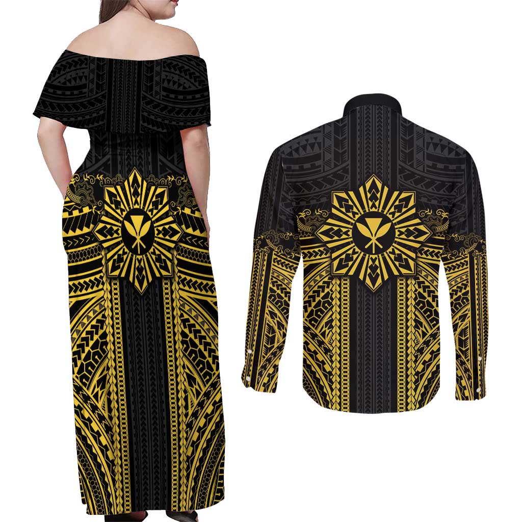 Hawaii And Philippines Together Couples Matching Off Shoulder Maxi Dress and Long Sleeve Button Shirt Polynesian Pattern With Filipino Barong Gold