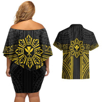 Hawaii And Philippines Together Couples Matching Off Shoulder Short Dress and Hawaiian Shirt Polynesian Pattern With Filipino Barong Gold