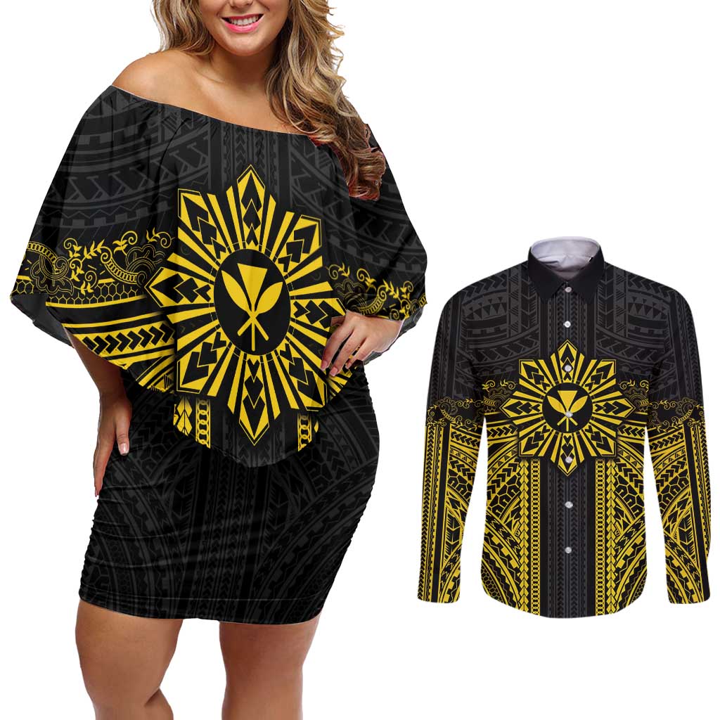 Hawaii And Philippines Together Couples Matching Off Shoulder Short Dress and Long Sleeve Button Shirt Polynesian Pattern With Filipino Barong Gold