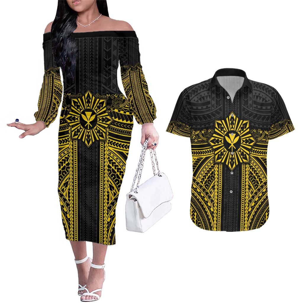 Hawaii And Philippines Together Couples Matching Off The Shoulder Long Sleeve Dress and Hawaiian Shirt Polynesian Pattern With Filipino Barong Gold