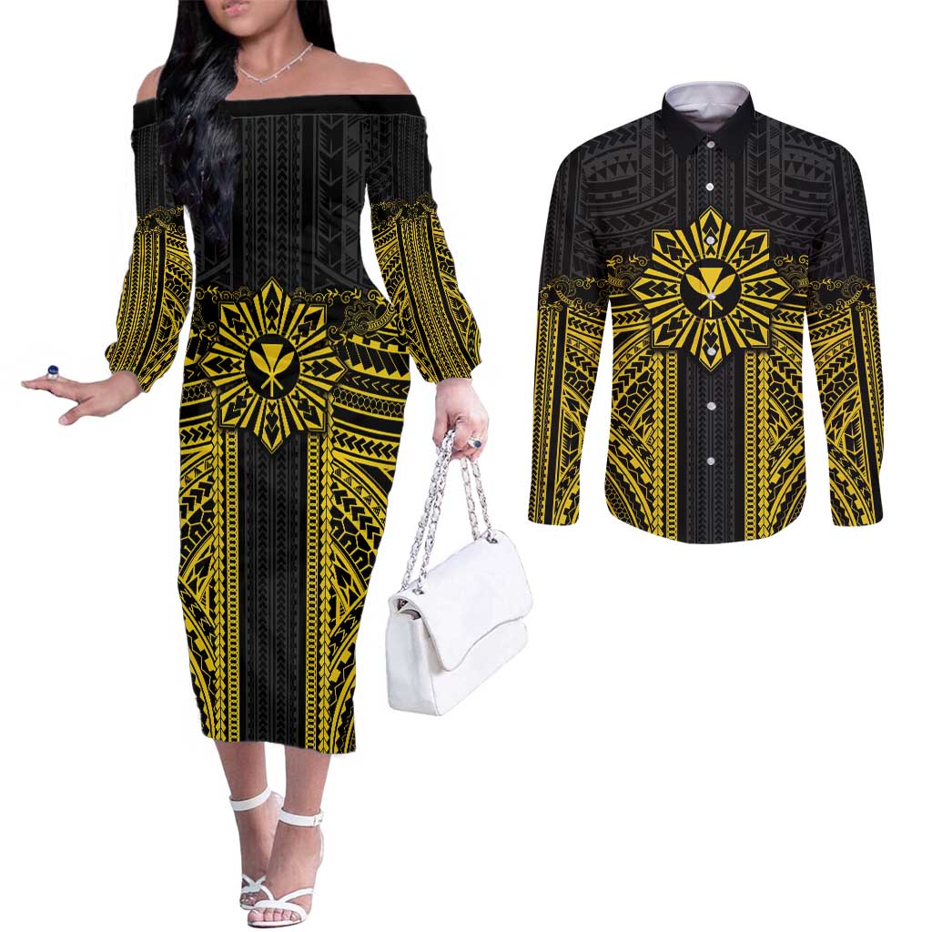 Hawaii And Philippines Together Couples Matching Off The Shoulder Long Sleeve Dress and Long Sleeve Button Shirt Polynesian Pattern With Filipino Barong Gold