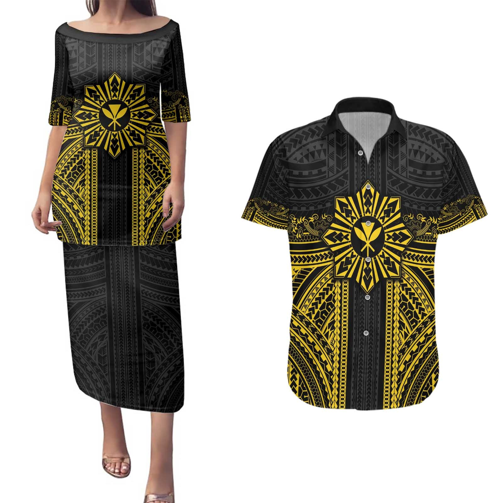 Hawaii And Philippines Together Couples Matching Puletasi and Hawaiian Shirt Polynesian Pattern With Filipino Barong Gold