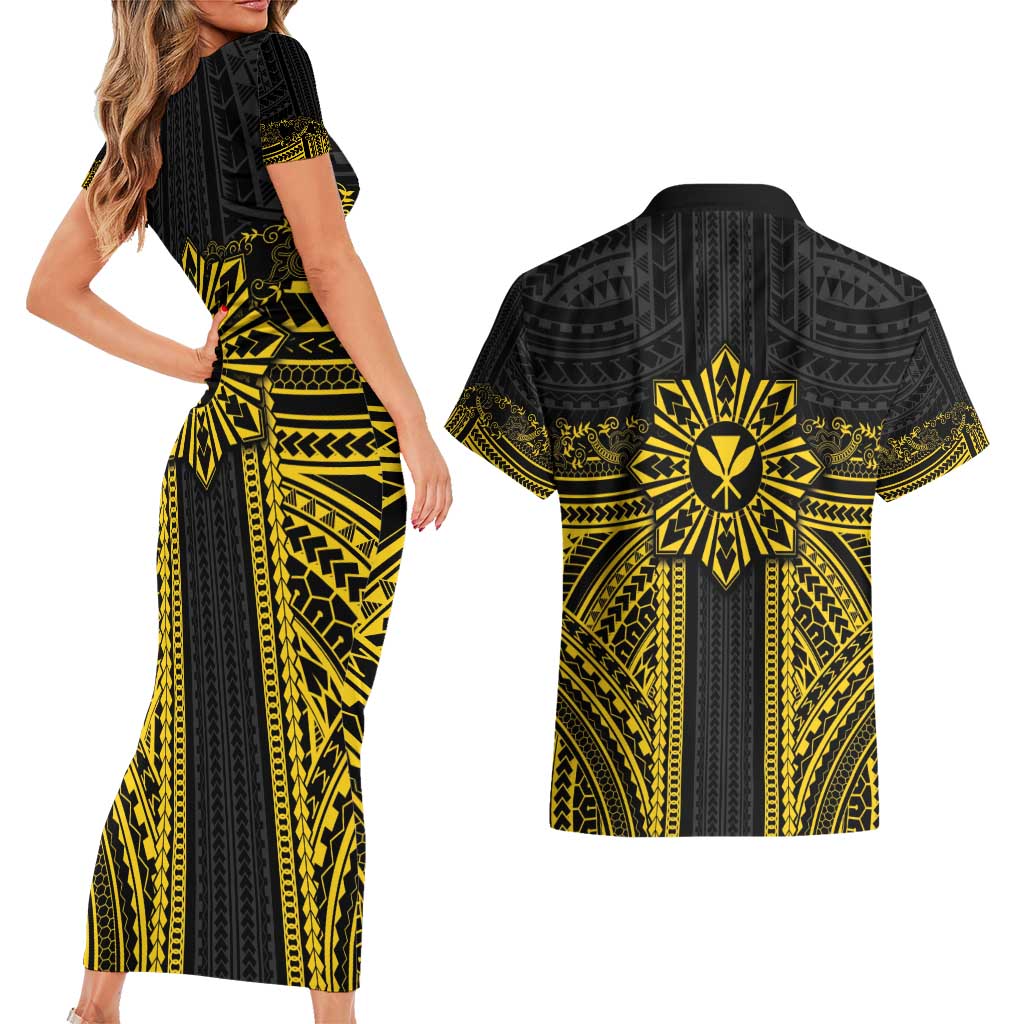 Hawaii And Philippines Together Couples Matching Short Sleeve Bodycon Dress and Hawaiian Shirt Polynesian Pattern With Filipino Barong Gold