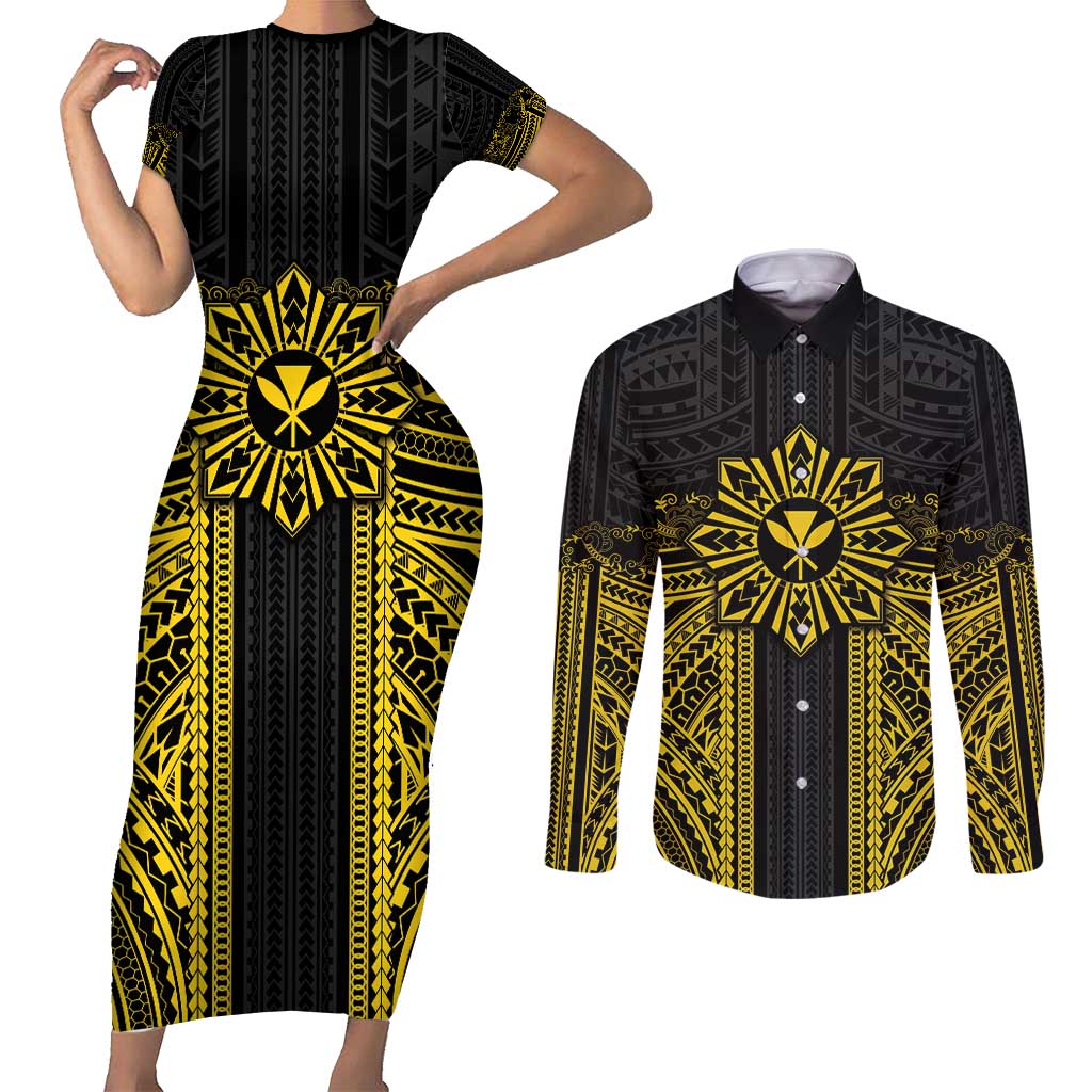 Hawaii And Philippines Together Couples Matching Short Sleeve Bodycon Dress and Long Sleeve Button Shirt Polynesian Pattern With Filipino Barong Gold