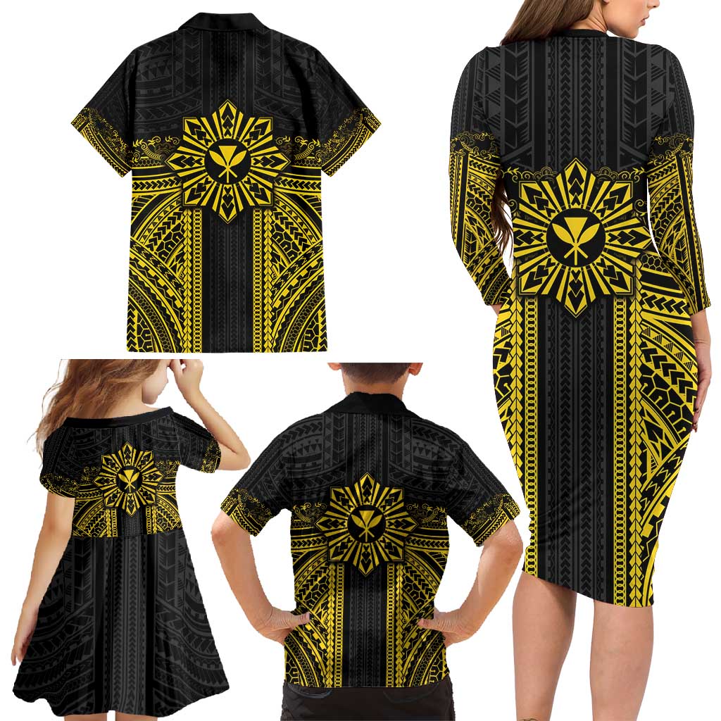 Hawaii And Philippines Together Family Matching Long Sleeve Bodycon Dress and Hawaiian Shirt Polynesian Pattern With Filipino Barong Gold