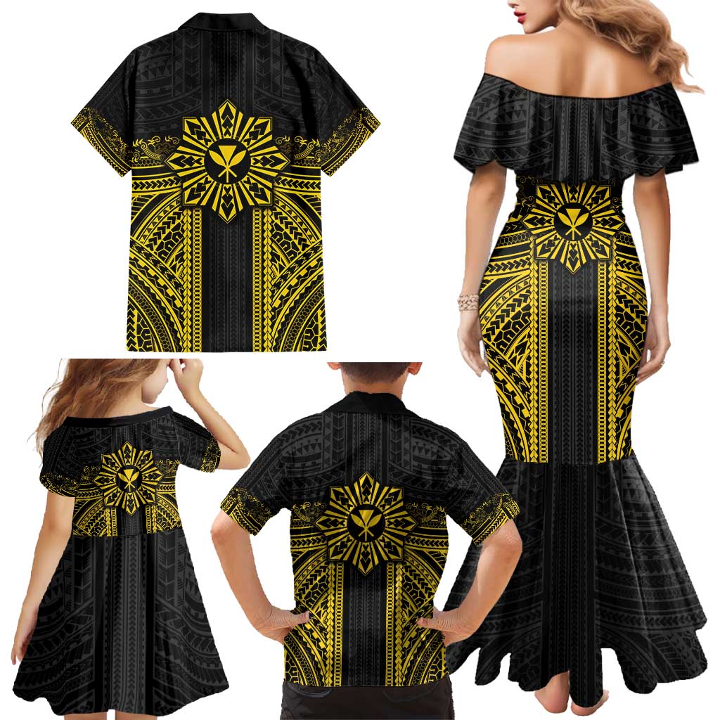 Hawaii And Philippines Together Family Matching Mermaid Dress and Hawaiian Shirt Polynesian Pattern With Filipino Barong Gold