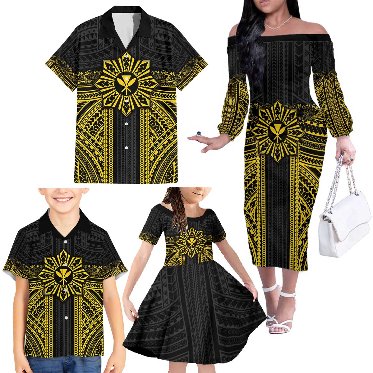 Hawaii And Philippines Together Family Matching Off The Shoulder Long Sleeve Dress and Hawaiian Shirt Polynesian Pattern With Filipino Barong Gold