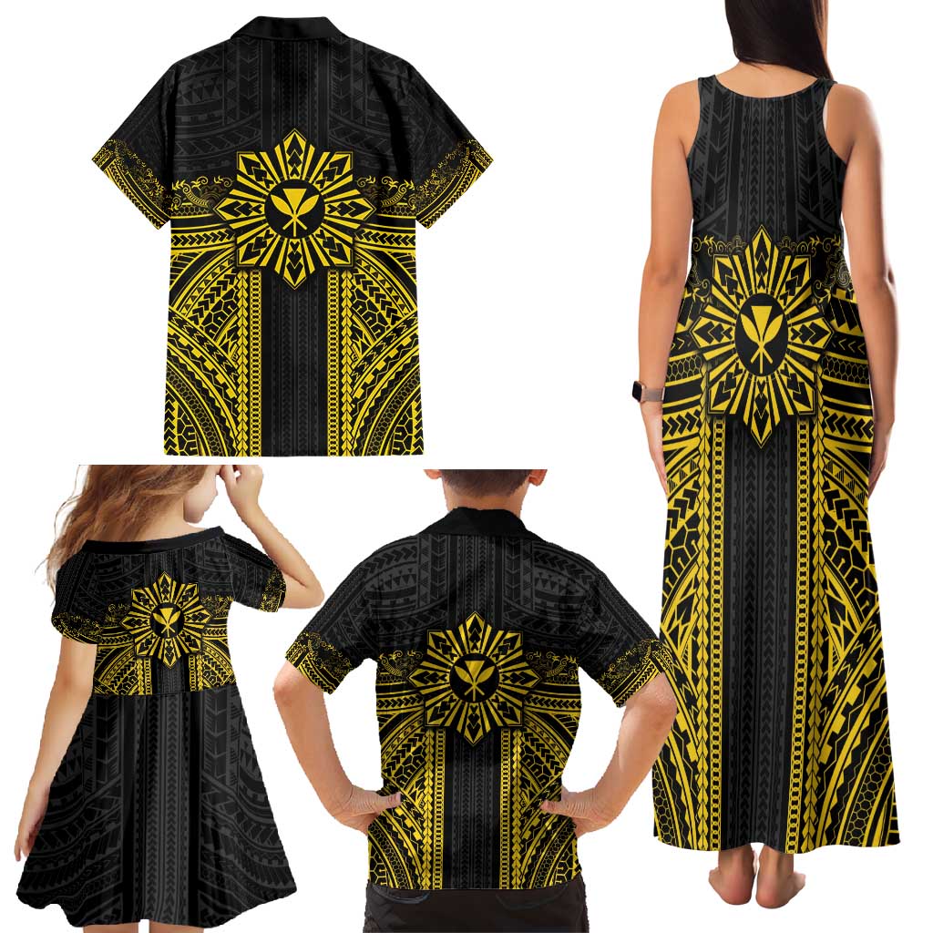 Hawaii And Philippines Together Family Matching Tank Maxi Dress and Hawaiian Shirt Polynesian Pattern With Filipino Barong Gold